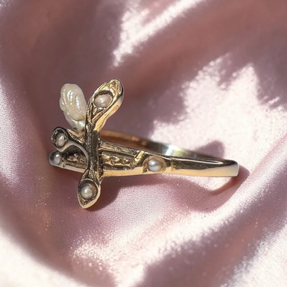 ANTIQUE- Art Nouveau - 14K Gold- Baroque Pearl & Seed Pearl Ring -Size 6.5 -1.2g - Picture 10 of 17